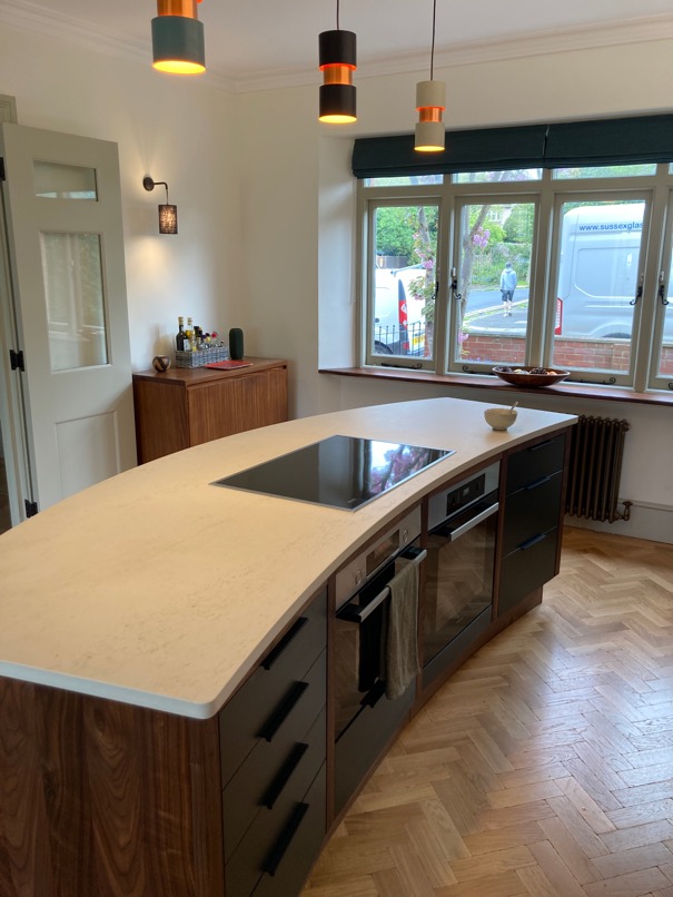 custom made walnut plank kitchen in Sussex